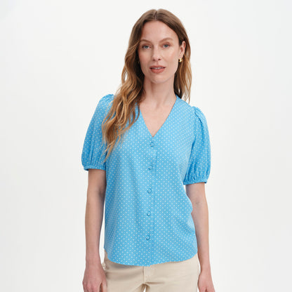 Fleur Blue Polka Dot Puff Sleeve Button-Through Top