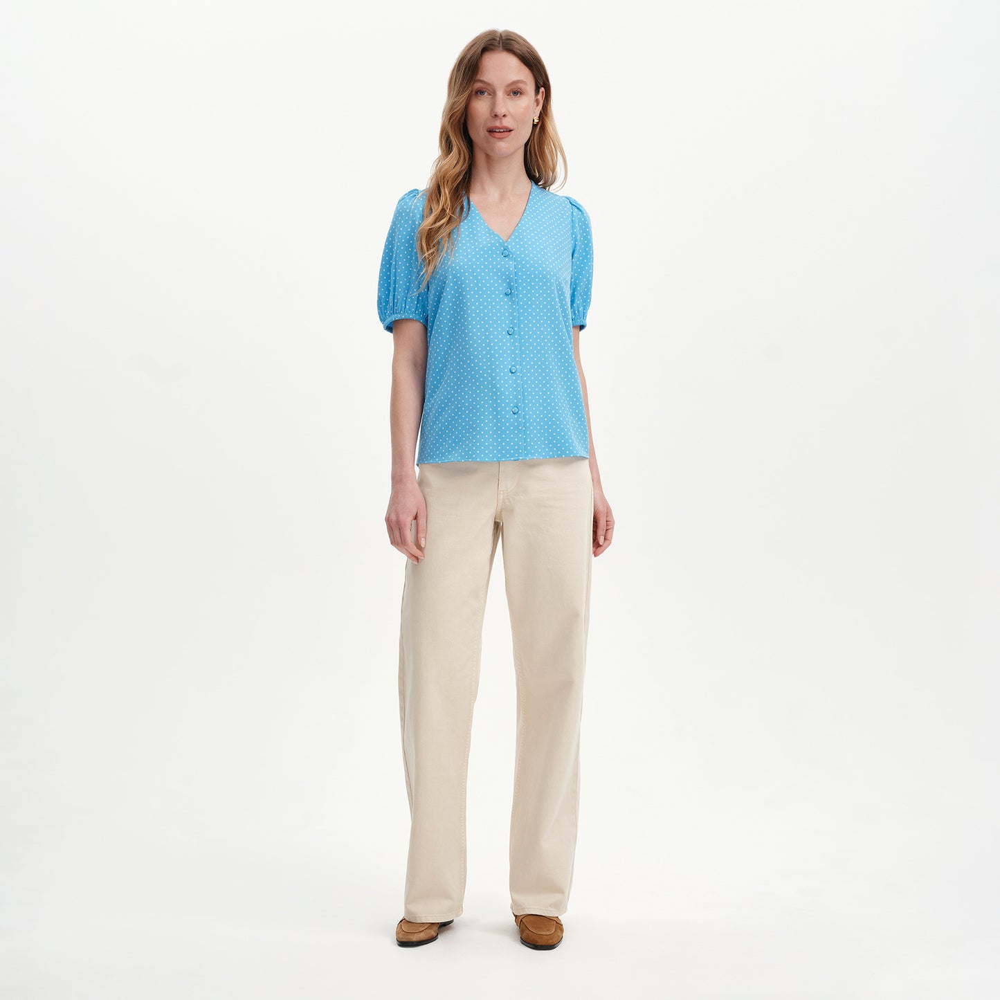 Fleur Blue Polka Dot Puff Sleeve Button-Through Top