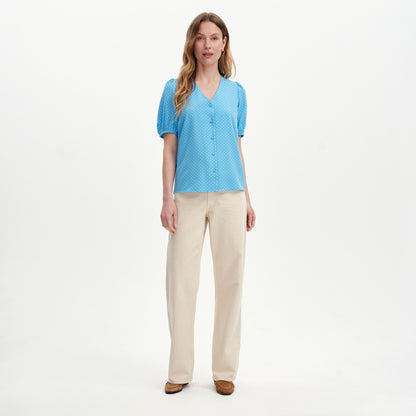 Fleur Blue Polka Dot Puff Sleeve Button-Through Top
