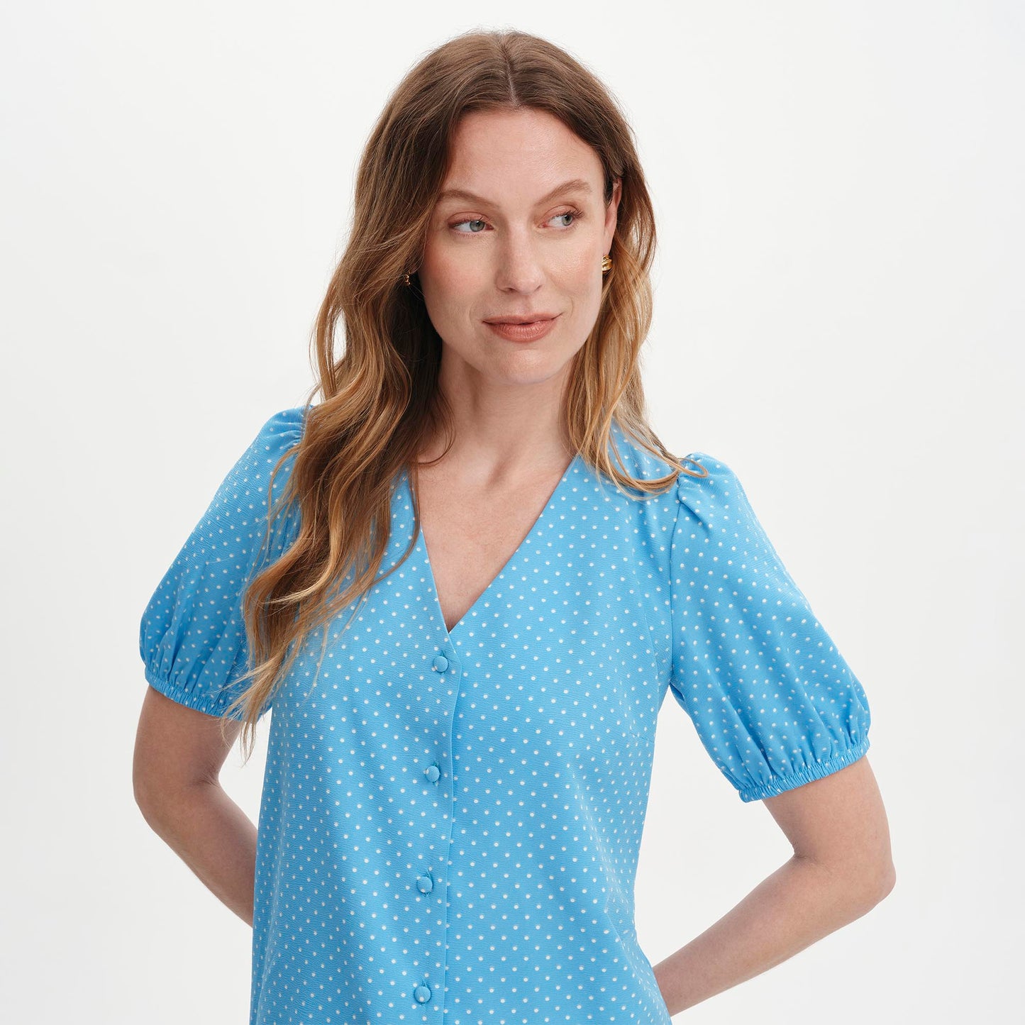 Fleur Blue Polka Dot Puff Sleeve Button-Through Top