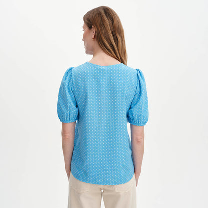 Fleur Blue Polka Dot Puff Sleeve Button-Through Top