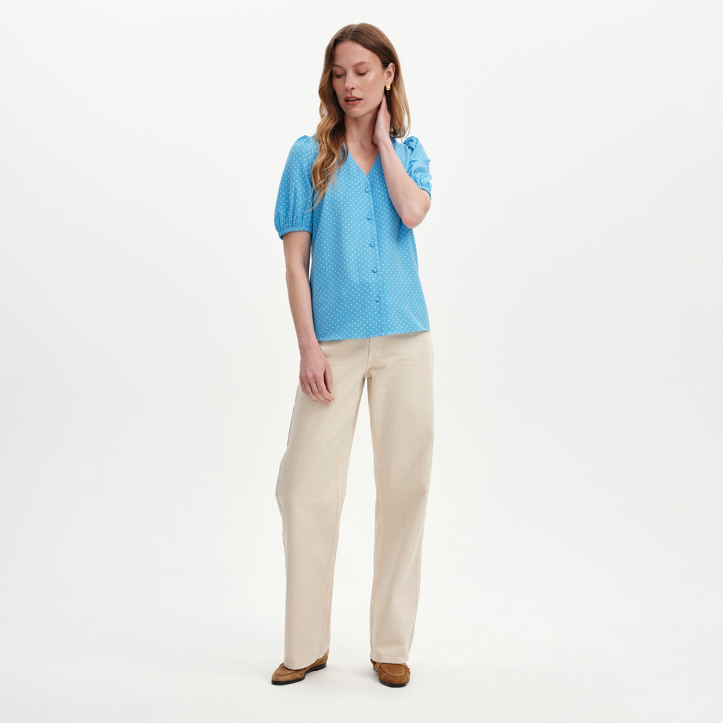 Fleur Blue Polka Dot Puff Sleeve Button-Through Top