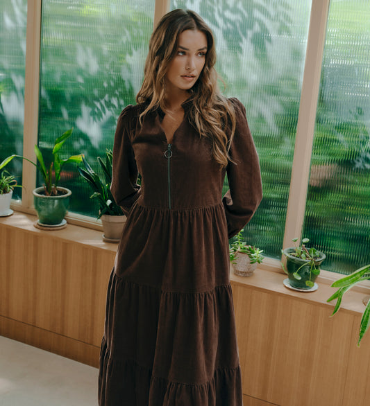 Antonia Brown Corduroy Frill Neck Tiered Midi Dress