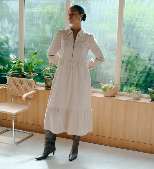 Callie Sand Corduroy Zip Front Tiered Midi Dress