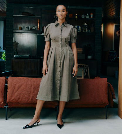 Anika Khaki Corduroy Puff Sleeve Midi Shirt Dress
