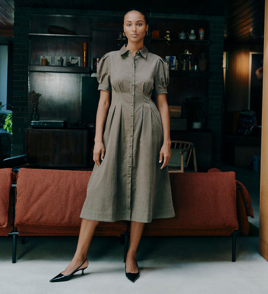 Anika Khaki Corduroy Puff Sleeve Midi Shirt Dress