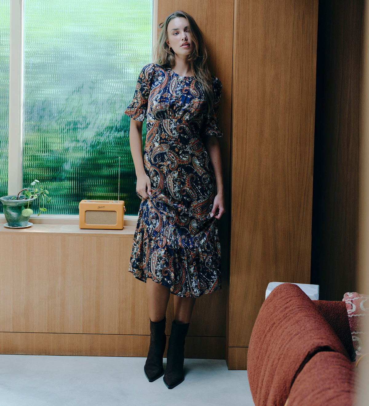 Jennifer Navy Paisley Satin Stripe Chiffon Frill Midi Dress