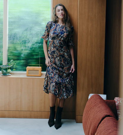 Jennifer Navy Paisley Satin Stripe Chiffon Frill Midi Dress