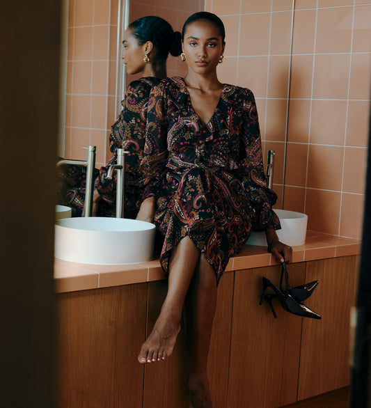 Veronica Black Paisley Ruffle Empire Waist Midi Dress