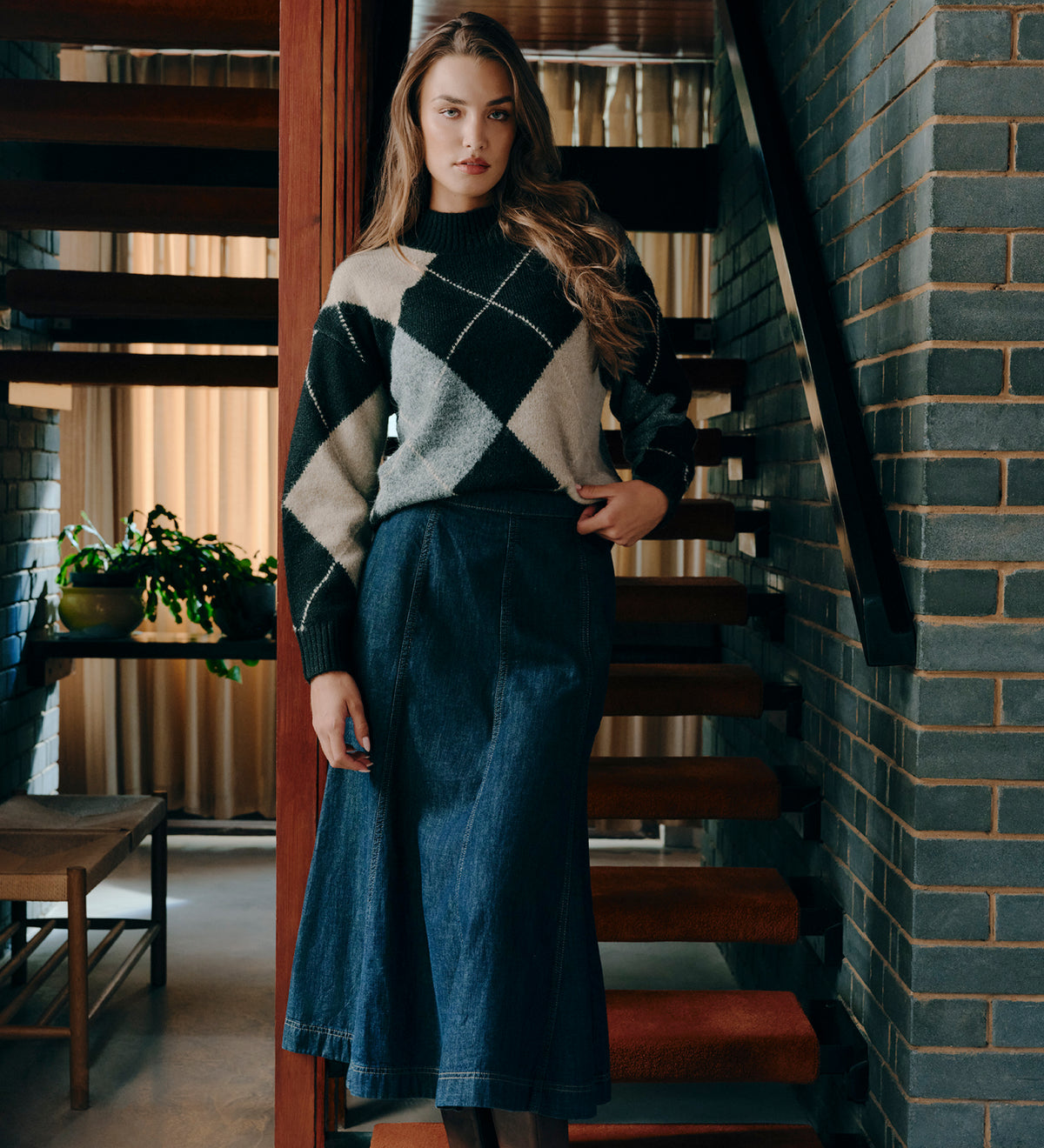 Veda Black Argyle Wool Blend High Neck Jumper
