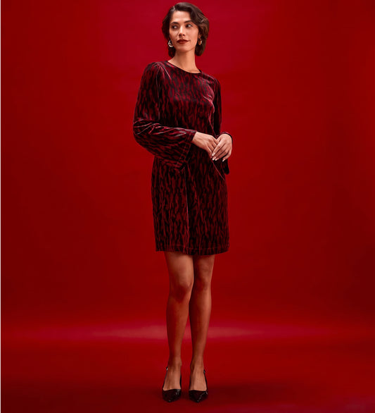 Hattie Burgundy Zebra Jersey Velvet Short Dress