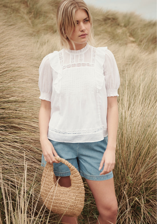 Jolin White Lace Cotton Puff Sleeve Top
