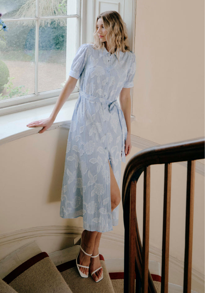 Mariah Blue Floral Jacquard Strip Cotton Midi Shirt Dress