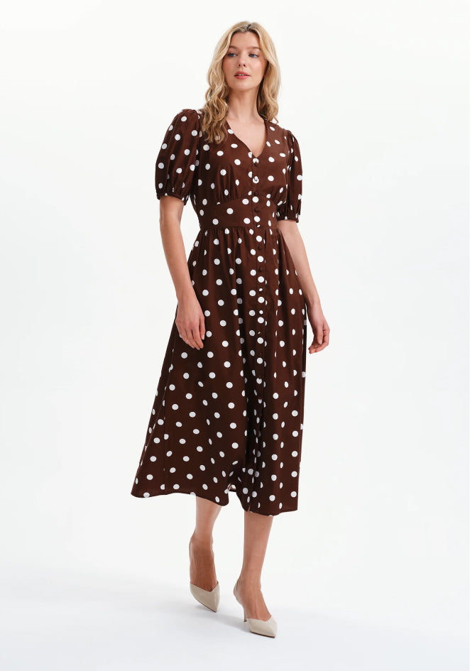 Addison Brown Polka Dot Cotton Button-Through Smock Midi Dress