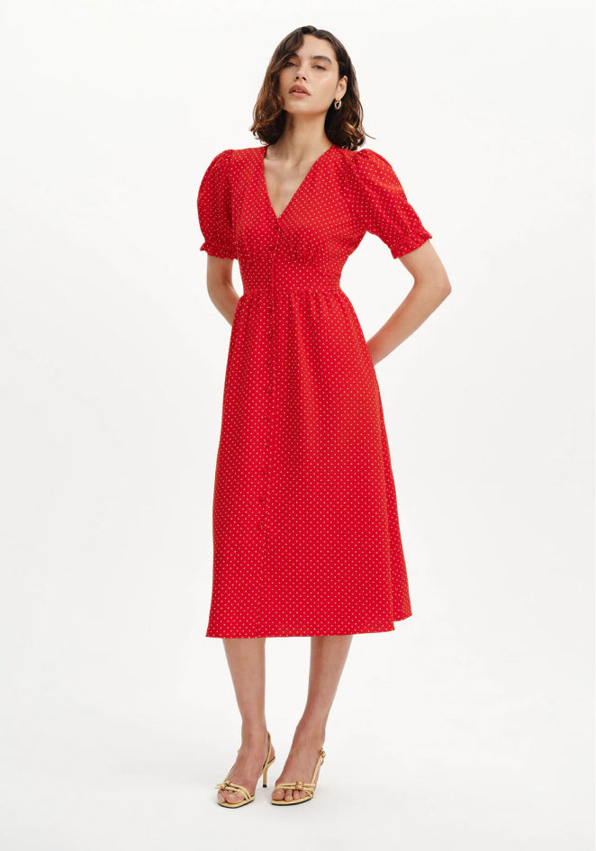 Samantha Red Polka Dot Button Through Midi Dress