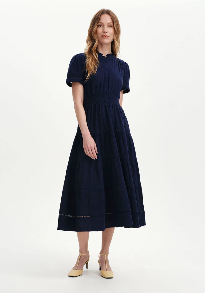 Natalia Navy Cotton Gauze Tiered Midi Dress
