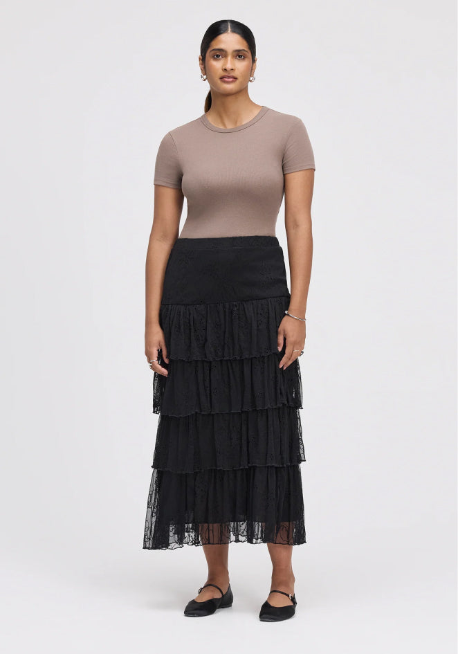 Elisa Black Mesh Midi Tiered Skirt