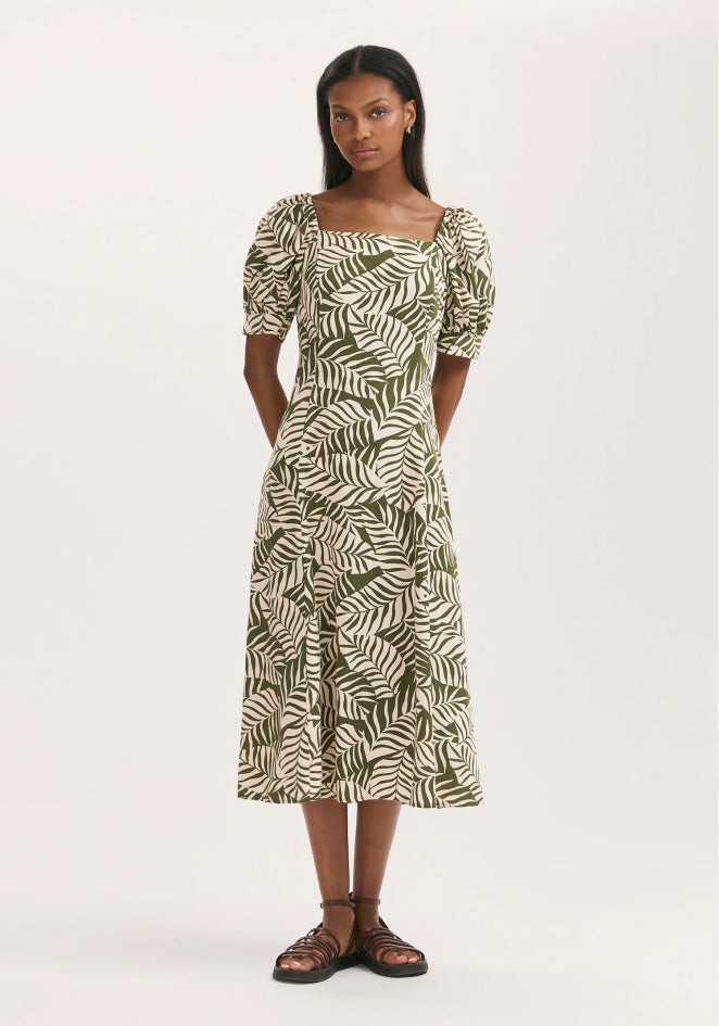 Daisy Khaki Leaves Midi Dress