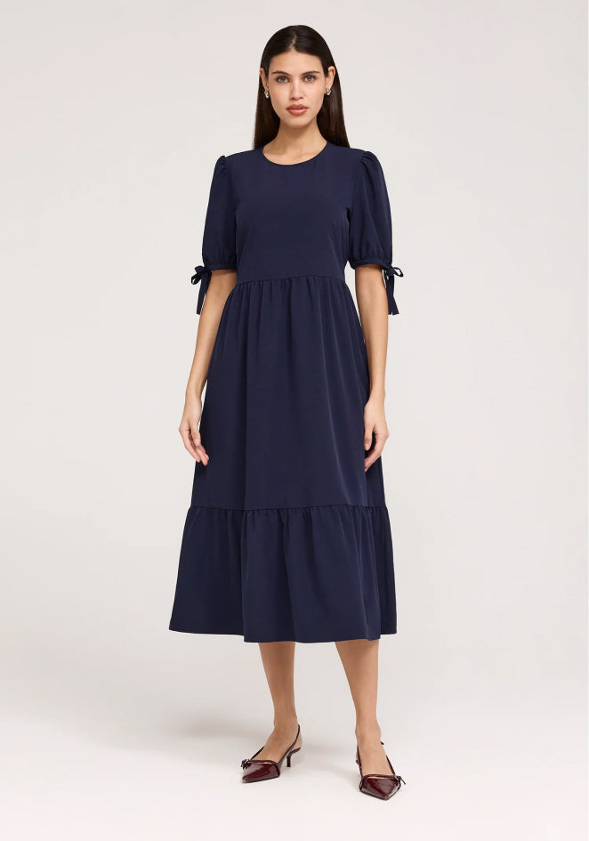 Jessa Navy Crepe Midi Tiered Dress
