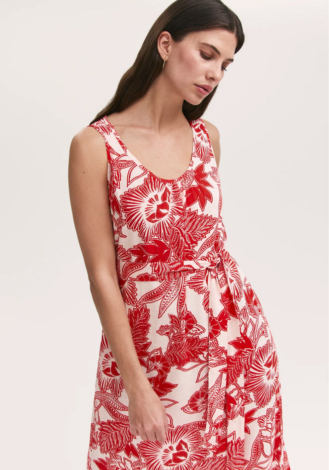 Marta Red Flower Crepe Sleeveless Midi Dress with Linen