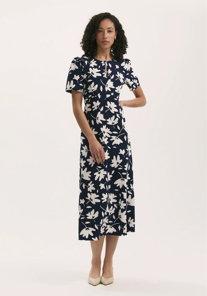 Marie Navy Leaves Crepe Midi Tea Dress