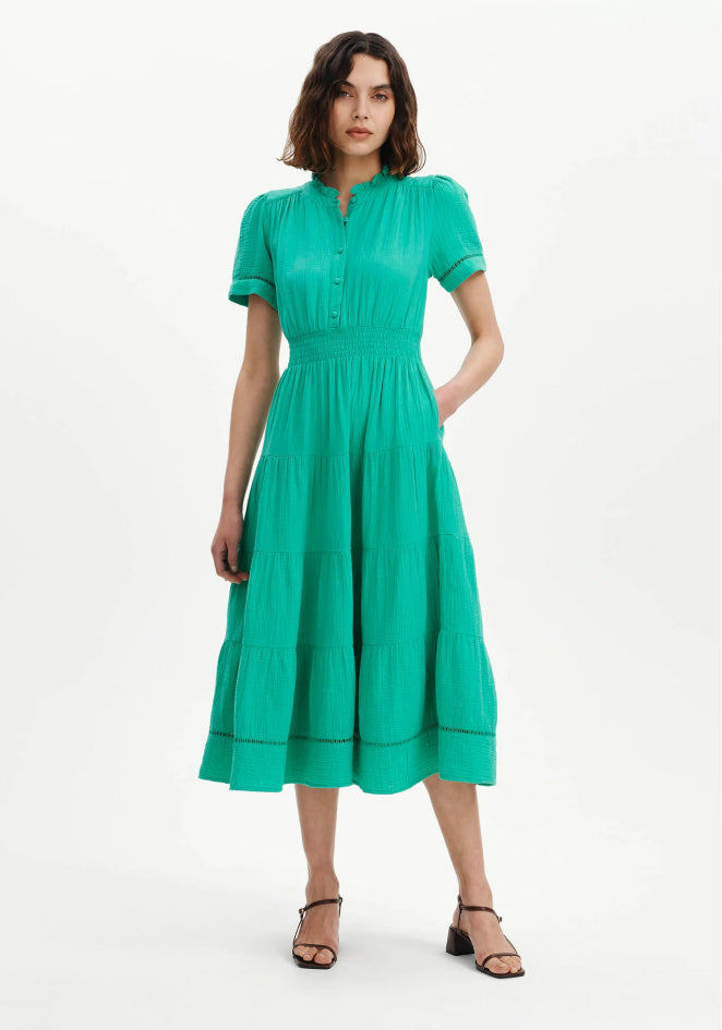 Natalia Green Cotton Gauze Tiered Midi Dress