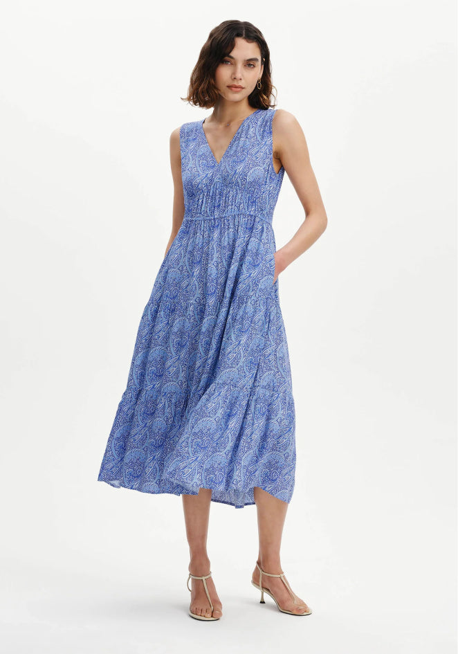 Stacey Blue Paisley Sleeveless Tiered Midi Dress