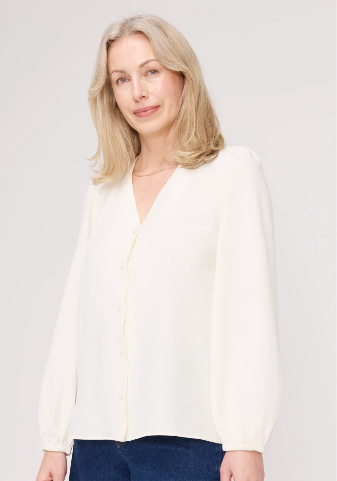 Elvora Ivory Button Up V-neck Top