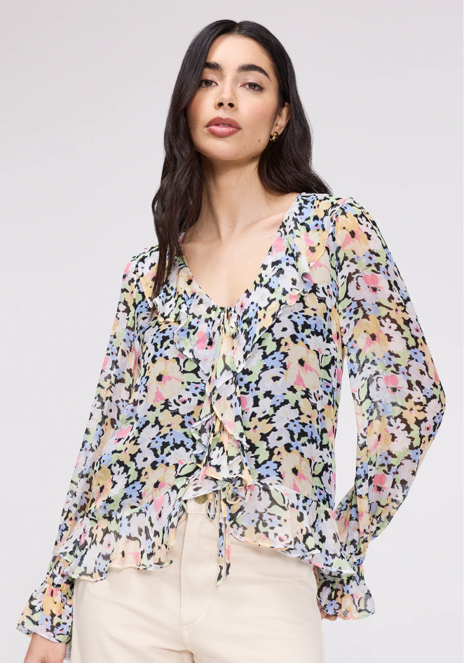 Jannelle Yellow Floral Chiffon Ruffle Front Tie Blouse
