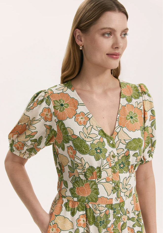 Addison Olive Flower Midi Dress with Linen