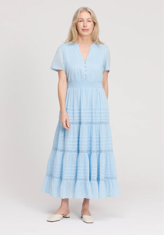 Juniper Pale Blue Cotton Lace Tiered Midi Dress