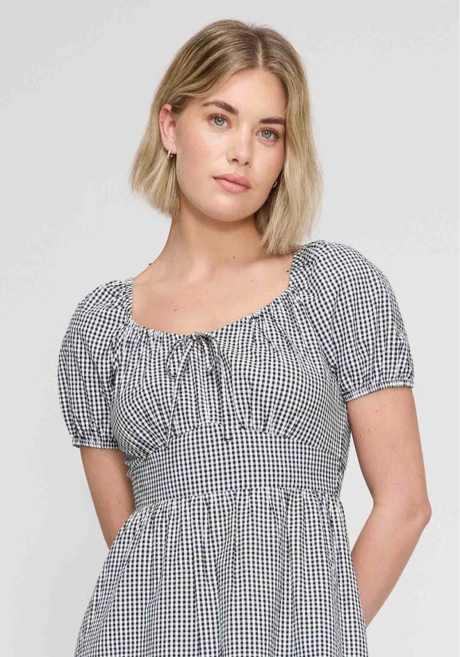 Kaitlyn Black Cotton Gingham Check Midi Dress