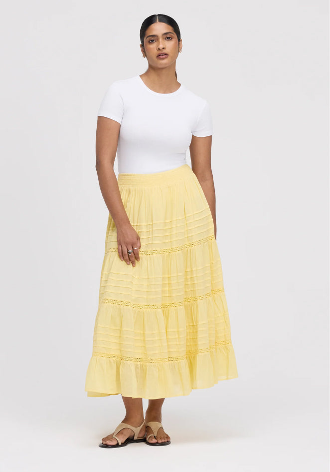 Imani Yellow Cotton Lace Tiered Midi Skirt
