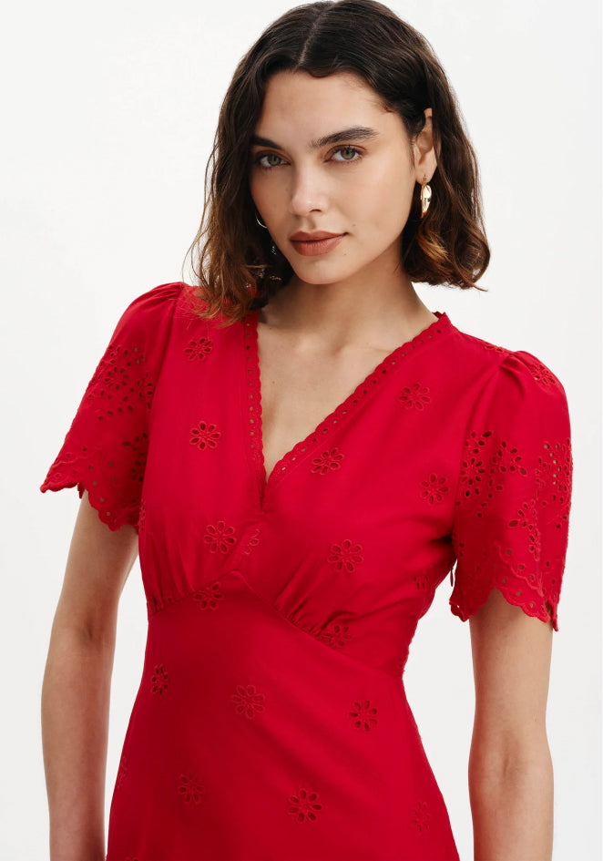 Quinn Red Cotton Broderie Lace Trim V-Neck Midi Dress