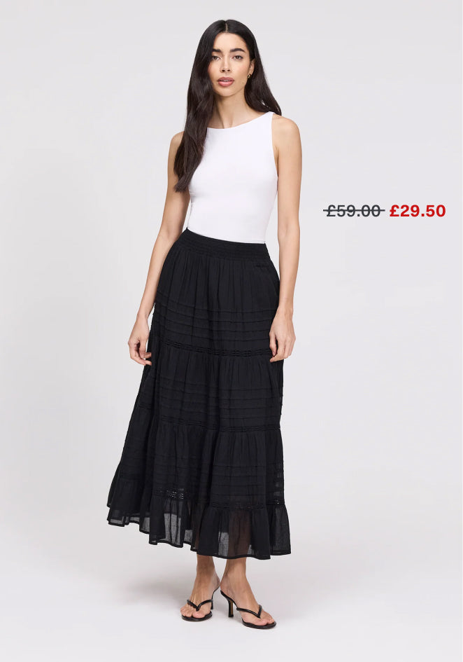 Imani Black Cotton Lace Tiered Midi Skirt