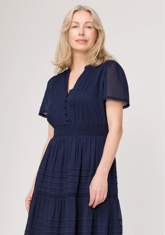 Juniper Navy Cotton Lace Tiered Midi Dress