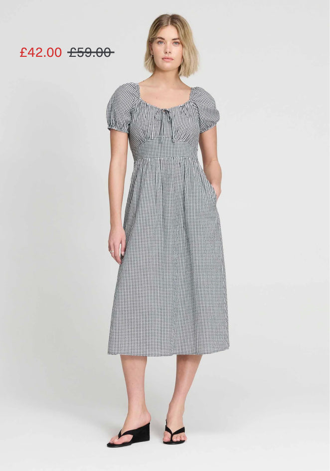 Kaitlyn Black Cotton Gingham Check Midi Dress