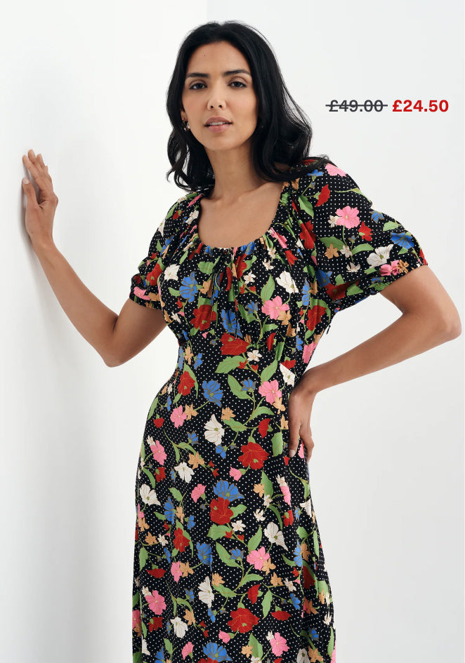 Jada Black Floral Puff Sleeve Empire Waist Midi Dress