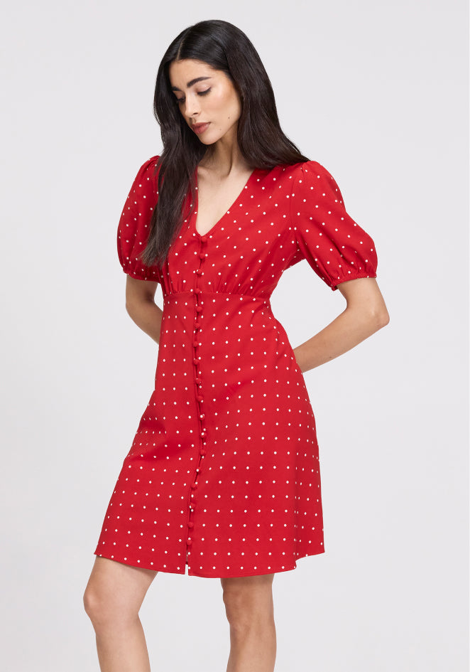 Ensley Red Polka Dot Button Through Short Dress