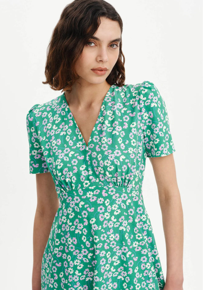 Nieve Green Daisy Empire Waist V-Neck Midi Dress