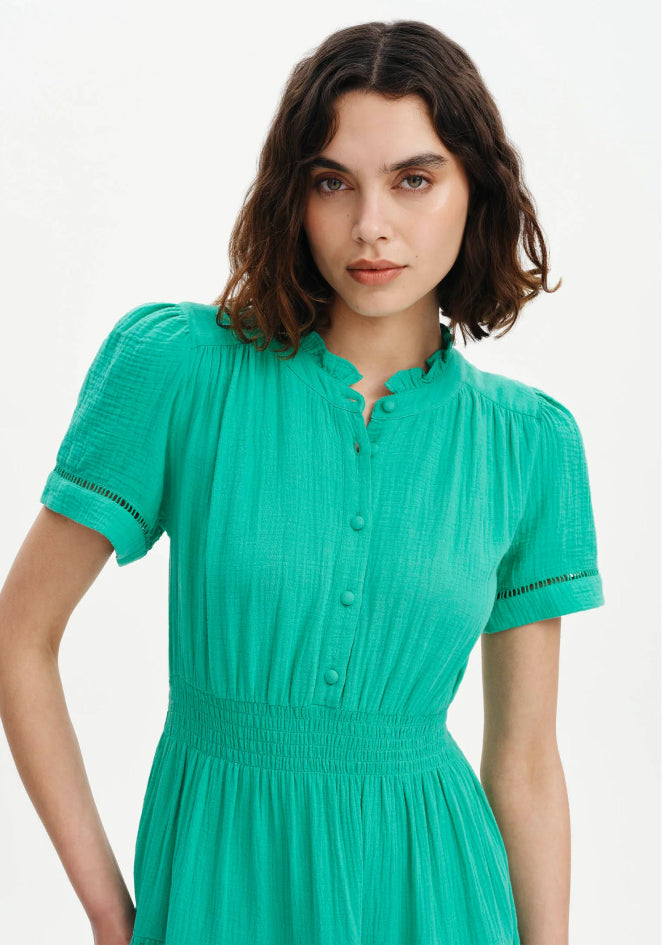 Natalia Green Cotton Gauze Tiered Midi Dress
