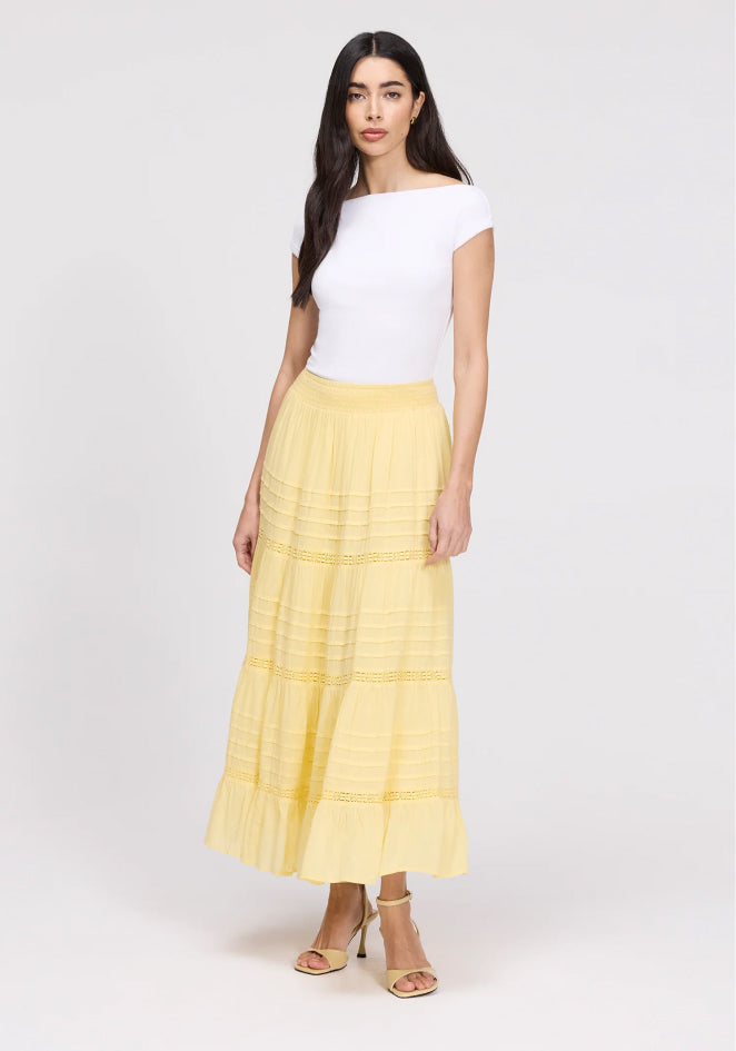 Imani Yellow Cotton Lace Tiered Midi Skirt