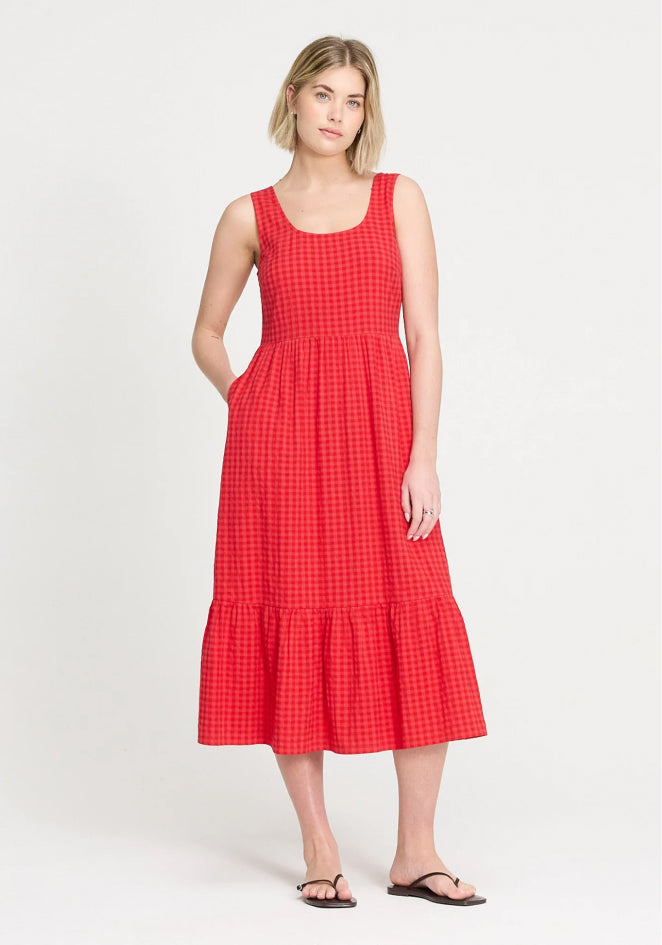 Cara Pink Gingham Seersucker Tiered Midi Dress