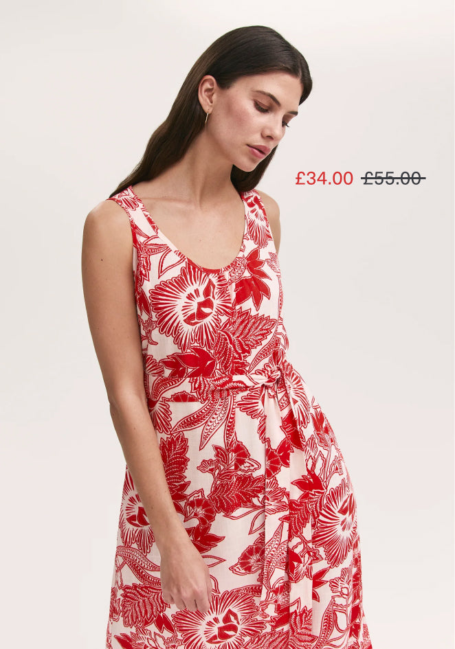 Marta Red Flower Crepe Linen Blend Sleeveless Midi Dress