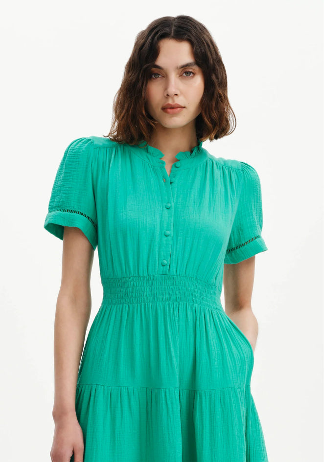 Natalia Green Cotton Gauze Tiered Midi Dress