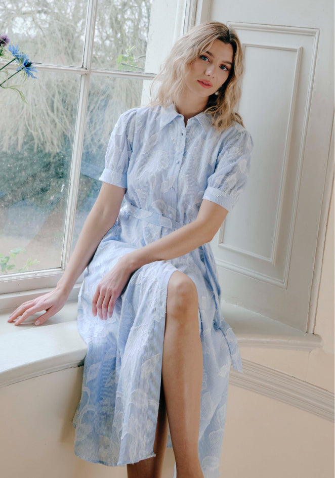Mariah Blue Floral Jacquard Strip Cotton Midi Shirt Dress