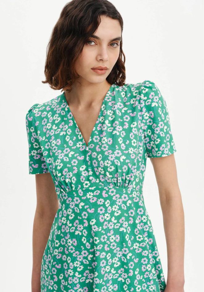 Nieve Green Daisy Empire Waist V-Neck Midi Dress