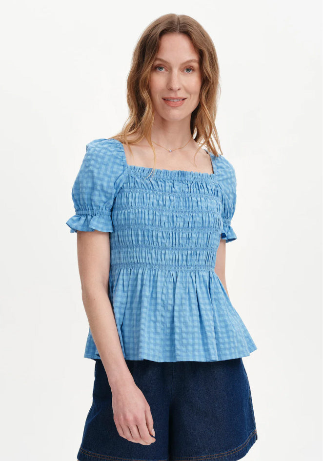 Cynthia Blue Gingham Seersucker Shirred Puff Sleeve Top