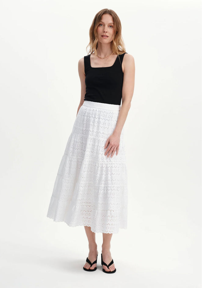 Siobhan White Cotton Broderie Tiered Midi Skirt