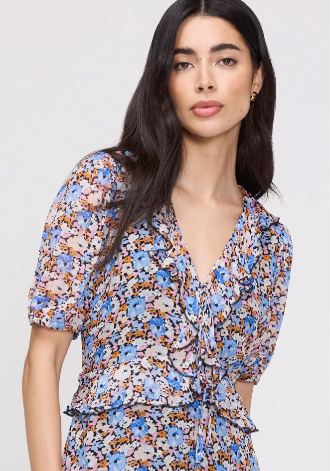 Pomona Blue Floral Chiffon Ruffle Bow Puff Sleeve Midi Dress